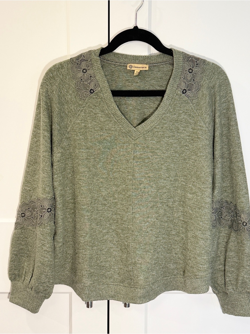Democracy Olive Green V-Neck Sweater with Lace Shoulder & Elbow Appliqué